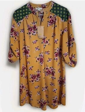 Kindom Tunic Dress Mandarin Yellow Floral W Green Shoulder Patch Half Sleeve